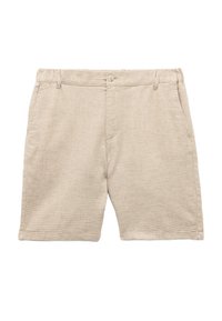 Beige linnedshorts med en tekstureret overflade, der har en knaplukning, bæltestropper og sidelommer. Lige pasform og opfoldede kanter.
