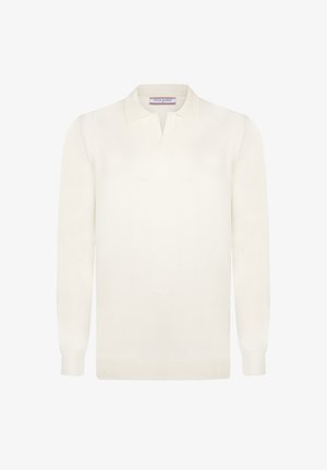 Polo de manga larga blanco liso con cuello y una pequeña abertura frontal, hecho de tela suave, tamaño mediano.