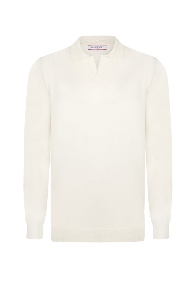 Effen witte poloshirt met lange mouwen, een kraag en een kleine opening aan de voorkant, gemaakt van zachte stof, maat medium.