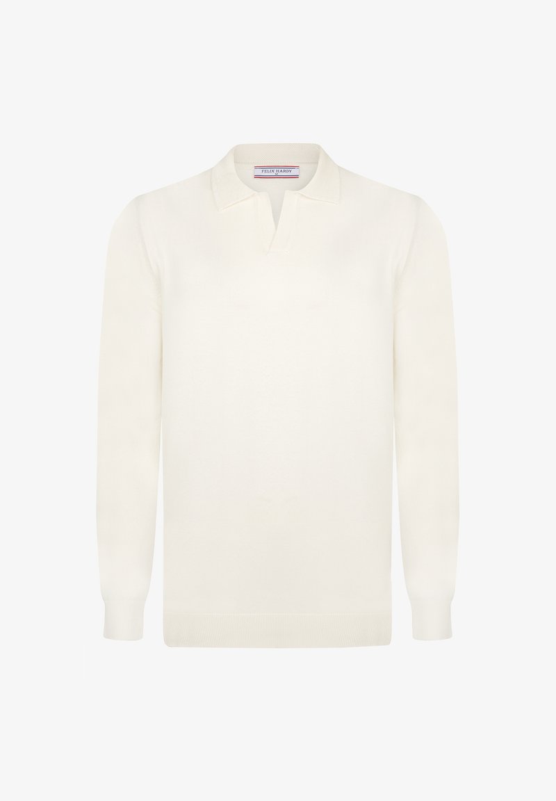 Lihtne valge pikkade varrukatega polo särk, millel on krae ja väike eesmine avaus, valmistatud pehmest kangast, suurus keskmine.