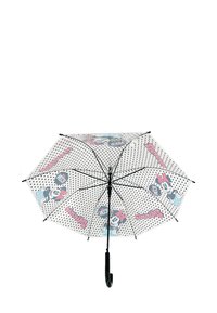 Black and white polka dot umbrella featuring cartoon characters with pink accents and a curved black handle, constructed from lightweight fabric.