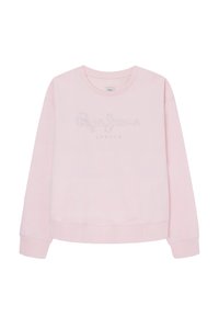 Sudadera de color rosa claro hecha de una tela suave con cuello redondo, con el texto bordado "Pepe Jeans London" en la parte delantera.