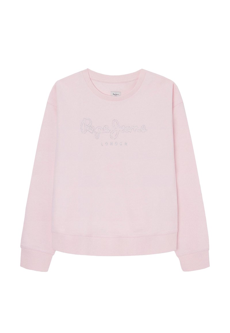 Sudadera de color rosa claro hecha de una tela suave con cuello redondo, con el texto bordado "Pepe Jeans London" en la parte delantera.