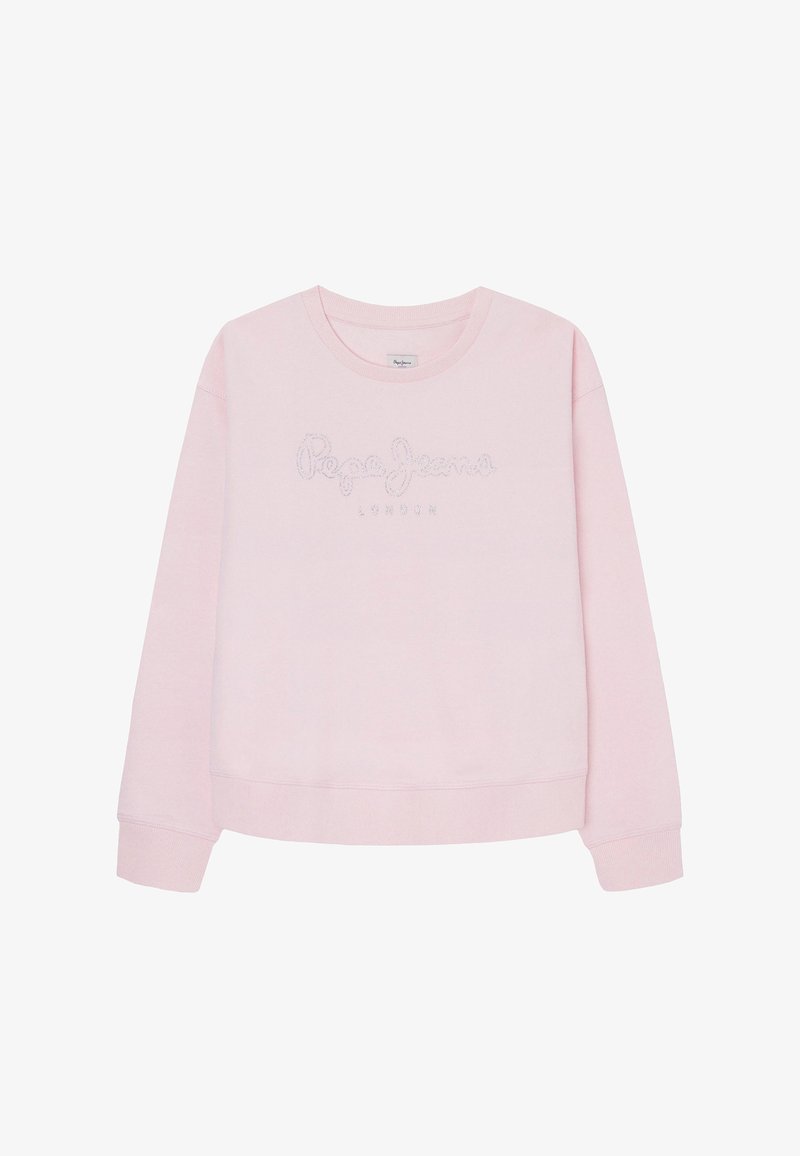 Felpa rosa chiaro realizzata in un tessuto morbido con scollo a girocollo, caratterizzata da un ricamo con la scritta "Pepe Jeans London" sul davanti.