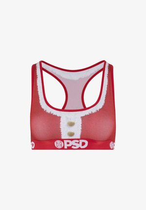 Rode sportbh met een Santa-costuum ontwerp, voorzien van witte nepbontafwerking en gouden knoopaccenten. Gladde textuur en racerback stijl.