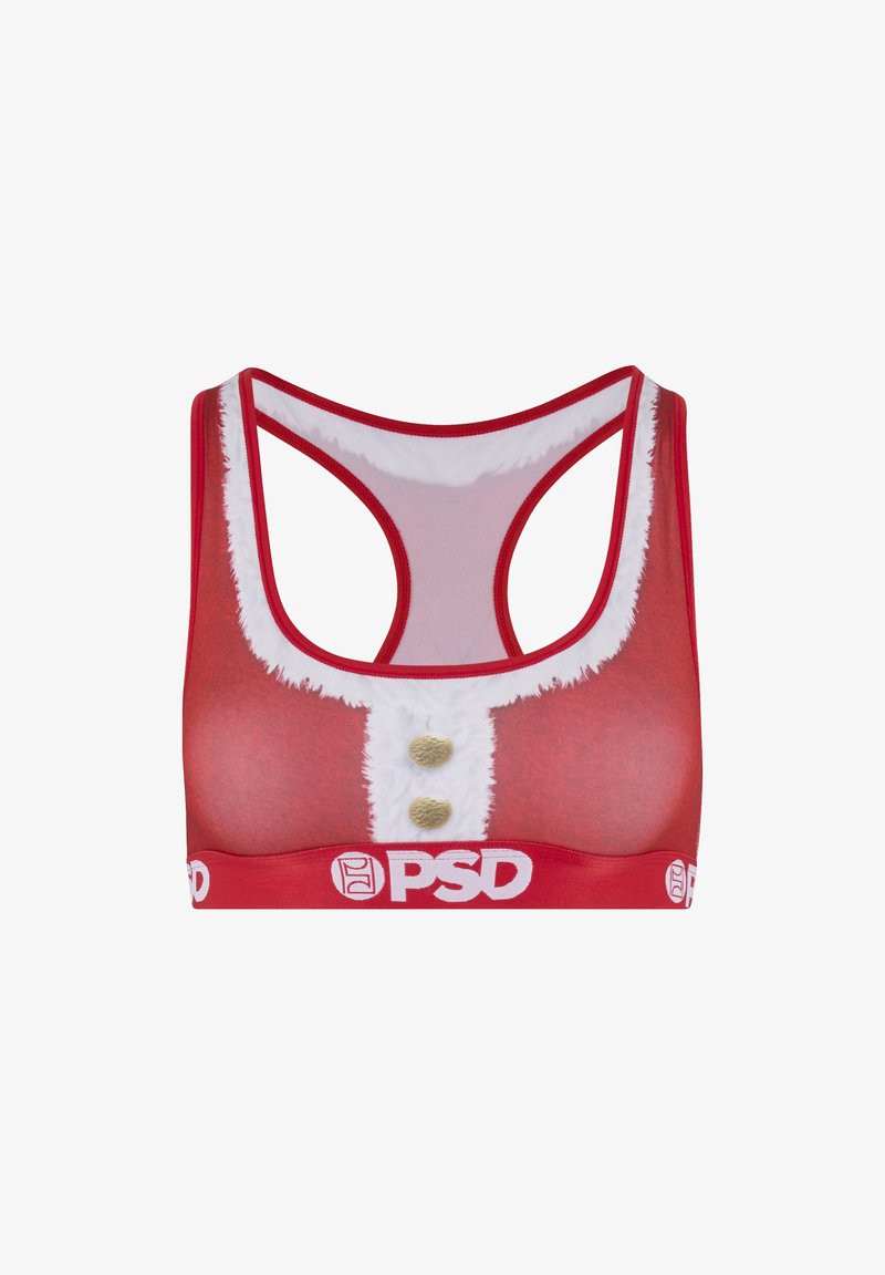 Reggiseno sportivo rosso con un design a tema vestito da Babbo Natale, con bordo in pelliccia sintetica bianca e dettagli con bottoni dorati. Texture liscia e stile racerback.