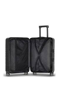 Hard-shell black suitcase with a retractable handle and four wheels. Interior features two compartments with straps and mesh pocket.