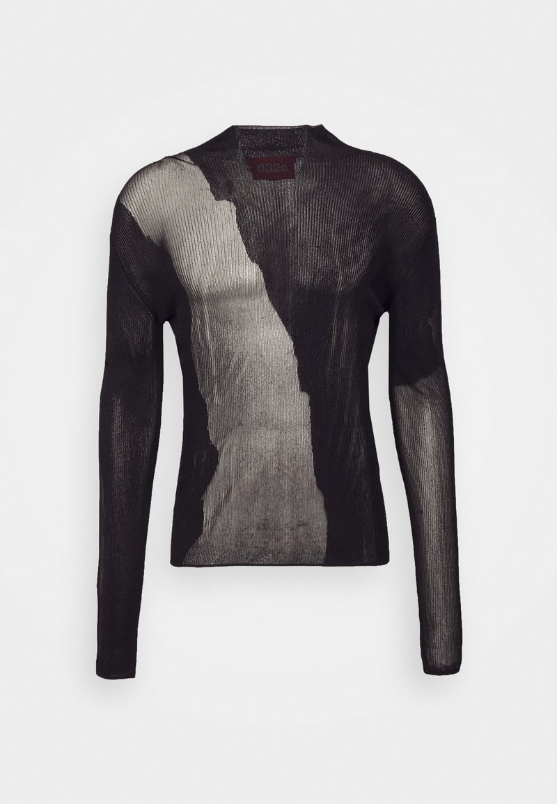 Maglia nera a maniche lunghe in tessuto a maglia trasparente e testurizzato. Presenta un motivo sfumato, scollatura rotonda e una silhouette aderente.