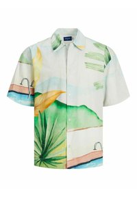 Camicia a maniche corte con bottoni caratterizzata da uno sfondo chiaro con illustrazioni colorate di foglie tropicali e piscine. Realizzata in tessuto traspirante.