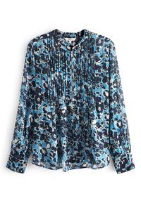 Sininen ja tummansininen kukkakuosiset paita pitkillä hihoilla, laskostettu etuosa, pyöreä pääntie ja nappi hihansuut. Kevyt, virtaava kangas.