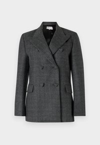 Grauer, doppelt geknöpfter Blazer aus strukturiertem Material mit breiten Revers, zwei Fronttaschen und Knopfakzenten.