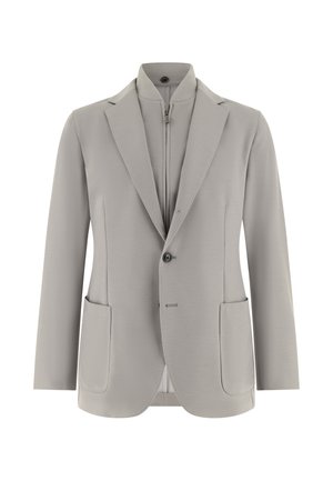Hellgrauer Herrenblazer mit Kerbkragen, zwei aufgesetzten Fronttaschen, Ein-Knopf-Verschluss und einer inneren Reißverschlusskragenlage.
