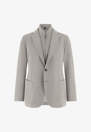 Hellgrauer Herrenblazer mit Kerbkragen, zwei aufgesetzten Fronttaschen, Ein-Knopf-Verschluss und einer inneren Reißverschlusskragenlage.