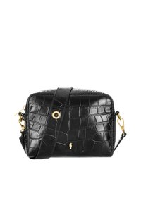 Czarna torba ze skóry embosowanej w krokodyli wzór, o sztywnej formie, ze złotymi akcentami, regulowanym paskiem oraz szczegółem w kształcie klucza z przodu.