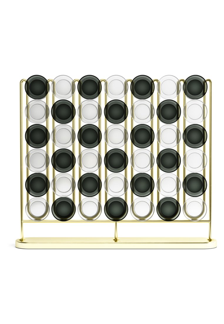 Dischi rotondi in bianco e nero disposti in una griglia su una cornice in metallo oro, con una texture liscia e un design elegante.