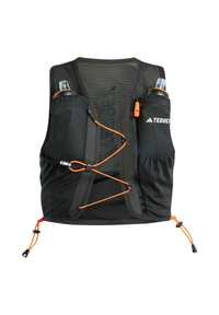Schwarzes Laufweste mit Mesh-Struktur, elastischen Trägern, zwei Vorderseitenfächern für Wasserflaschen und orangefarbenen Akzenten zur Anpassung.