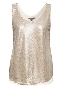 Débardeur doré à sequins sans manches avec encolure arrondie et doublure en tissu léger à l'intérieur.