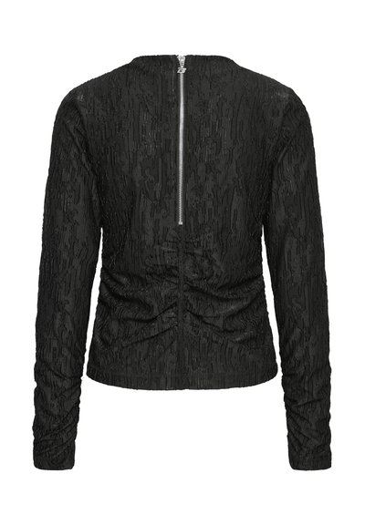 Fekete, hosszú ujjú felső texturált mintával, deréknál összegyűrve, hátul cipzáras záródással. Az anyag enyhén áttetszőnek tűnik.