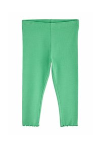 Green ribbed fabric leggings with elastic waistband and lettuce-hem edges, shown flat on a white background.