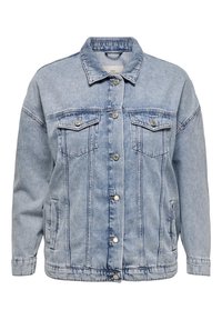 Světle modrá džínová bunda s knoflíkovým zapínáním, dvěma náprsními kapsami a bočními kapsami. Má klasický límeček a mírně oversized střih.