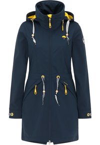 Meripihkijakk navy, jossa on keltainen vuori hupussa, säädettävät nyörit, kaksi etutaskua ja logo-patch hihassa.