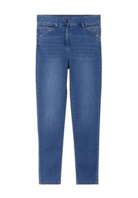 Jeans en denim bleu moyen, avec une coupe droite, une fermeture à bouton, cinq poches et des détails de couture subtils à l'avant.