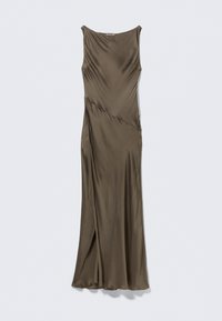 Olive green, sleeveless dress made of smooth satin fabric. Features a draped design with a side slit and subtle gathering for added texture.