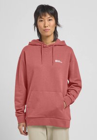 Roze hoodie gemaakt van zacht materiaal, met een voorste kangaroo zak en een logo-accent op de linkerkant van de borst. Verstelbare trekkoorden.