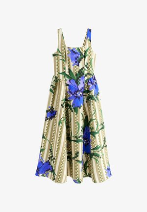 Sleeveless midi dress with beige and white vertical stripes, adorned with large blue and purple floral patterns and green leaves.