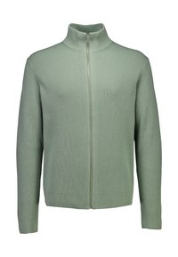 Jasnozielony sweter z zamkiem błyskawicznym i wysokim kołnierzem. Posiada długie rękawy oraz metalowy zamek. Całość z wyrazistym wzorem strukturalnym.