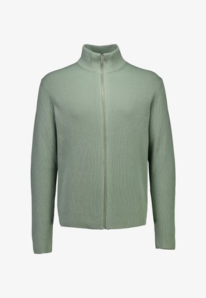 Maglione zip-up a coste verde chiaro con collo alto. Presenta maniche lunghe e una cerniera in metallo. Design in tessuto testurizzato su tutto il capo.