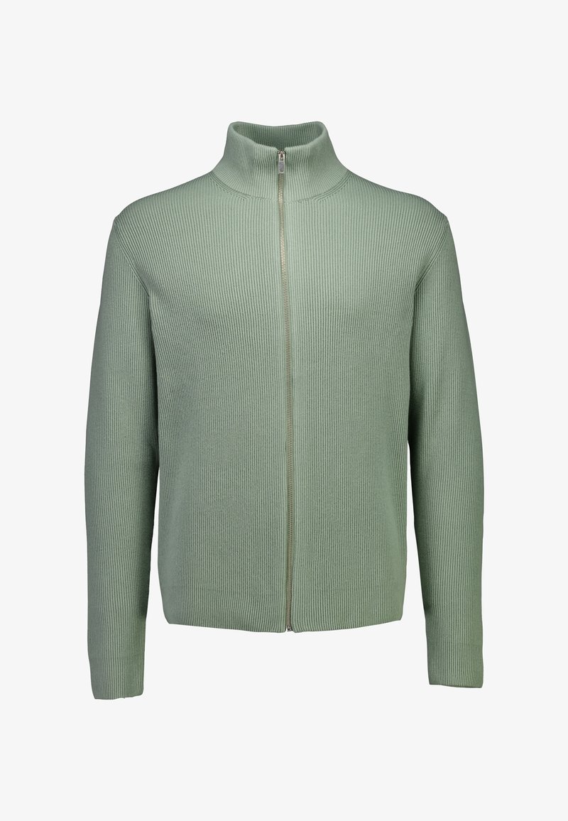 Jasnozielony sweter z zamkiem błyskawicznym i wysokim kołnierzem. Posiada długie rękawy oraz metalowy zamek. Całość z wyrazistym wzorem strukturalnym.