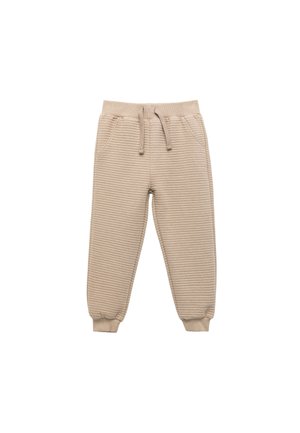 Beige texturierte Sweatpants aus geripptem Stoff, mit elastischem Bund, verstellbarem Kordelzug und schmal zulaufenden Bündchen. Ausgestattet mit zwei seitlichen Taschen.