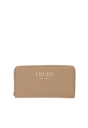 Portefeuille rectangulaire beige avec logo doré "LIU JO MILANO" centré sur le devant, texture en cuir lisse, et une fermeture éclair sur le côté gauche.