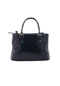 Marine leren handtas met dubbele handvatten, gouden hardware en een lichte glans. Kenmerkt zich door gestikte accenten en een gestructureerde rechthoekige vorm.