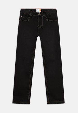 Jeans en denim noir avec des coutures jaunes, un bouton à l'avant et un design à cinq poches. Présentent des jambes droites et un ajustement classique.