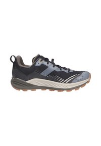 Trailrunning-Schuhe mit hochwertigem Obermaterial aus schwarzem und grauem Mesh, beigem Zwischensohlenmaterial, strukturierten Außensohlen und reflektierenden Akzenten für bessere Sichtbarkeit.