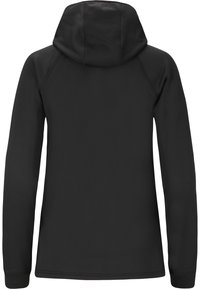 Svart huva sweatshirt, mjukt tyg, långa ärmar, bakifrån, subtila sömdetaljer, inga mönster eller metallföremål synliga. Enkel, stilren design.