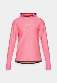 Felpa leggera a maniche lunghe di colore rosa brillante, con una texture traspirante, orlo arrotondato e un colletto bordato di nero con un logo.