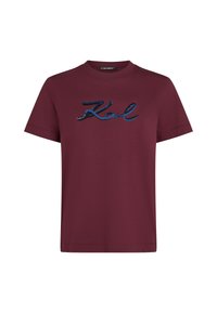 Bordo spalvos medvilnės marškinėliai su mėlynu blizgančiu užrašytu "Karl" logotipu per krūtinę. Trumpi rankoviai ir apvalaus kaklo dizainas.