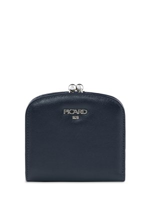 Portamonete compatto in pelle blu navy con chiusura metallica e logo "PICARD 1928" sul davanti.