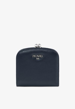 Portamonete compatto in pelle blu navy con chiusura metallica e logo "PICARD 1928" sul davanti.