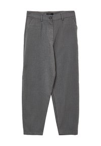 Pantaloni grigi a righe sottili realizzati in un tessuto leggero. Presentano tasche frontali e chiusura con bottone. Design a gamba dritta con lunghezza cropped.