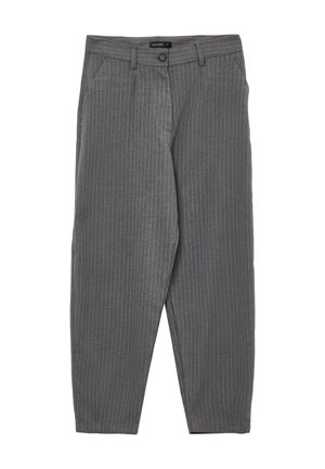Gray pinstriped pants made from a lightweight fabric. Features front pockets and a button closure. Straight-leg design with cropped length.