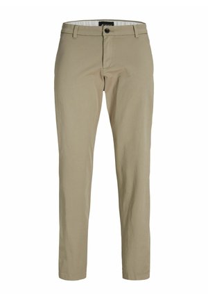 Pantalons tapered beiges avec une fermeture avant à boutons, des passants de ceinture et un tissu lisse et léger. Design épuré et jambes droites.