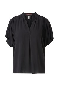 Blouse noire à manches courtes avec col en V, épaules froncées et coupe ample, présentée sur fond blanc.