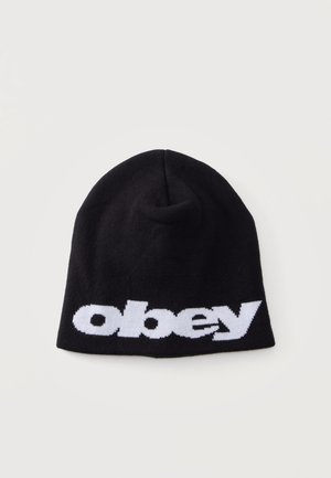 Черна плетена шапка с бял, удебелен, малък шрифт "obey" по предния долен ръб.