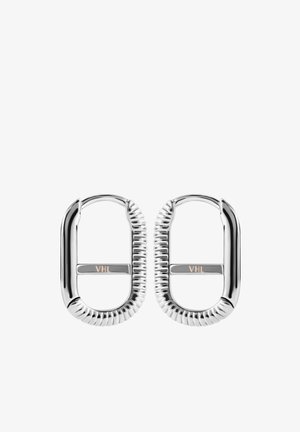 Silver metal carabiner clips with a twisted design and a flat rectangle section engraved with "VHL." Smooth texture, polished finish.