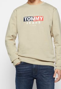 Felpa beige con maniche lunghe, collo rotondo e logo centrale in rosso, blu navy e bianco. Indossata con jeans blu scuro.