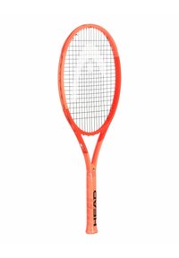 Orange tennis racket with a wide oval head, black string pattern, and textured grip handle; branded with "HEAD" along the shaft.